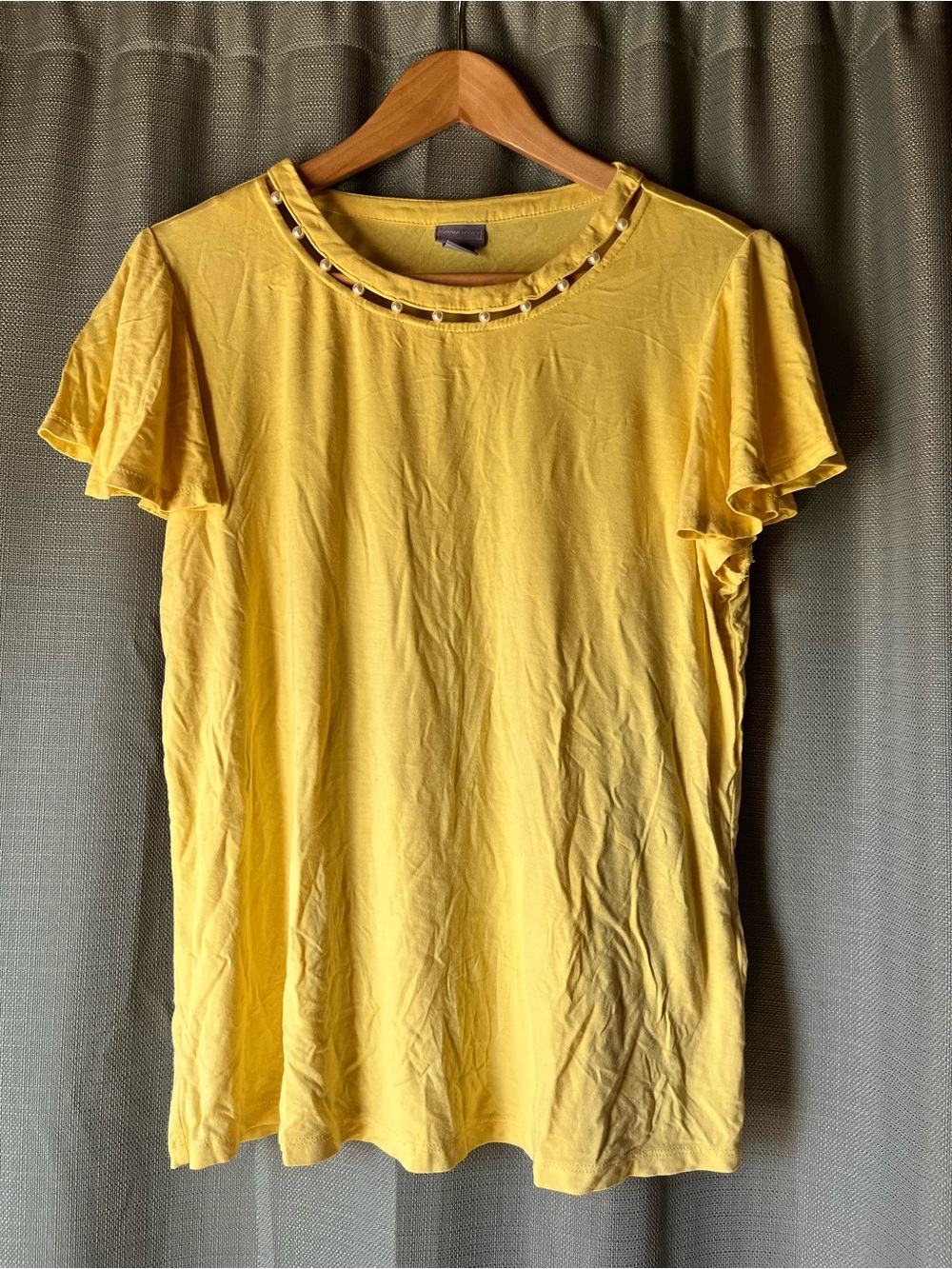 Laura Scott Yellow Beaded Neck Flutter Sleeve Tee